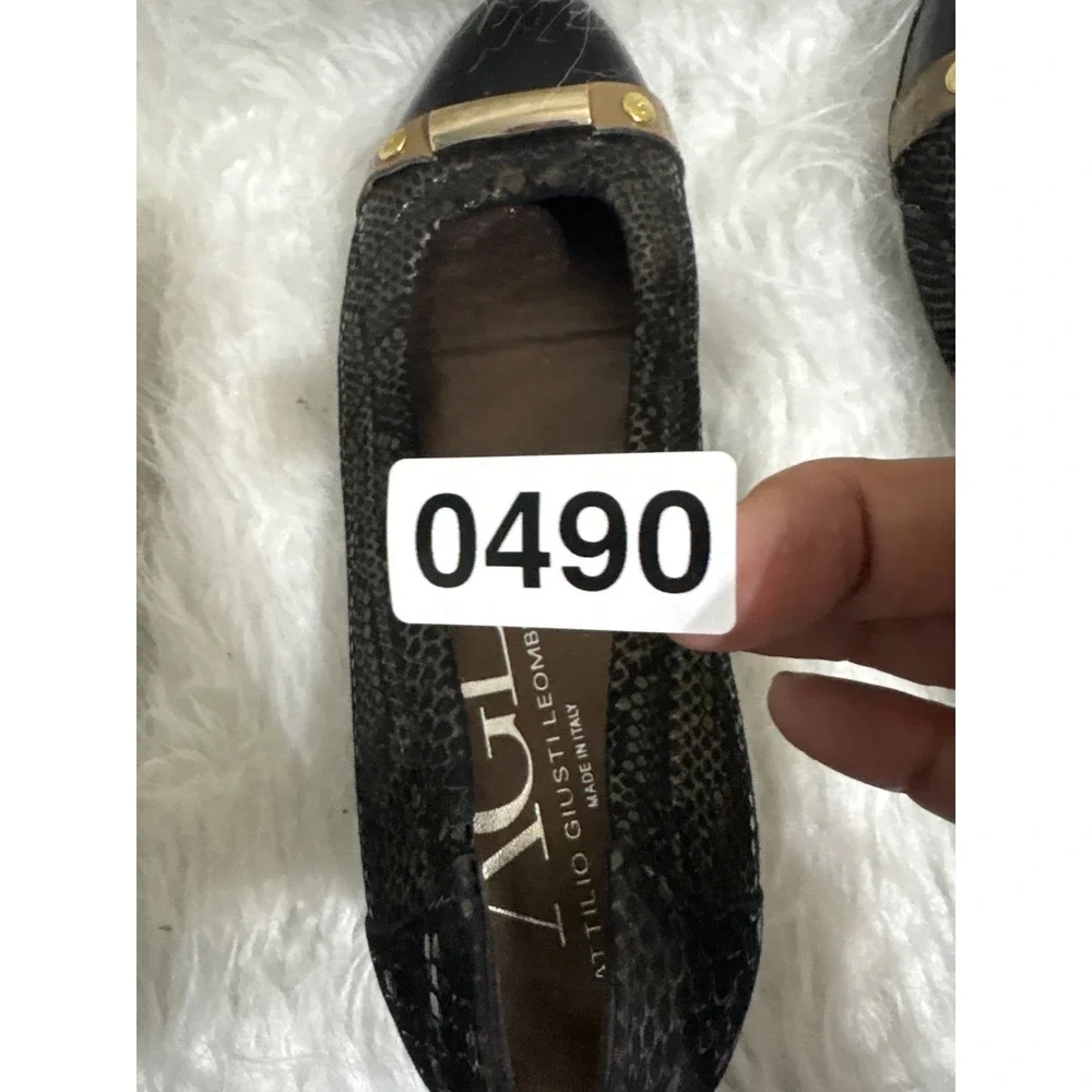 AGL Attilio Giusti Leombruni Black Snakeskin Patent Cap Toe Ballet Flats 38.5 EU
